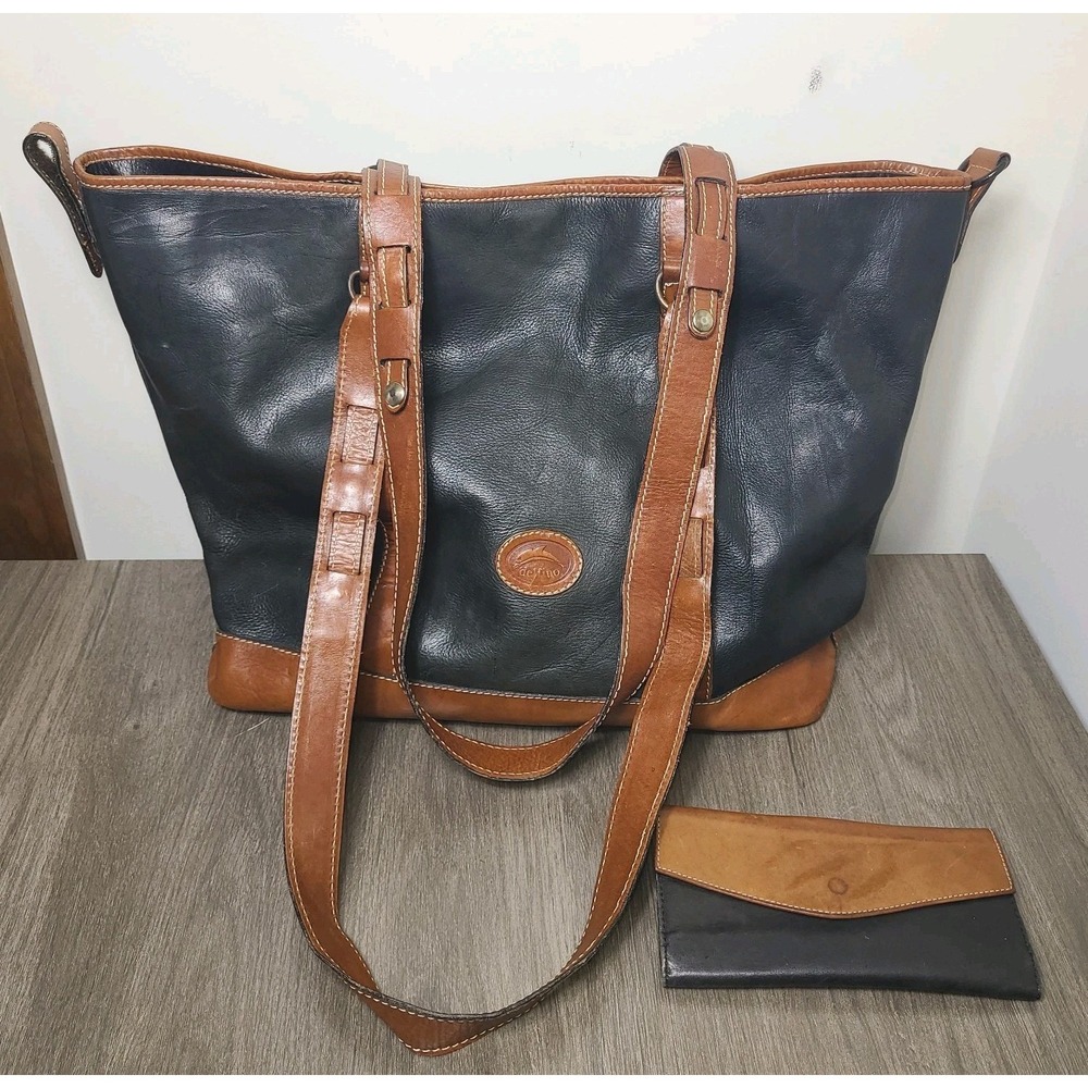 Vtg Delfino Genuine Leather Tote Bag Wallet Set Black Brown Shoulder Purse Italy